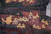 Detail of 'Ramakien' mural painting  - temple of the Emerald Buddha, Bangkok . The panels shows the traditional arrangment of the war with elefant with the warrior in front followed  by the driver behind. 